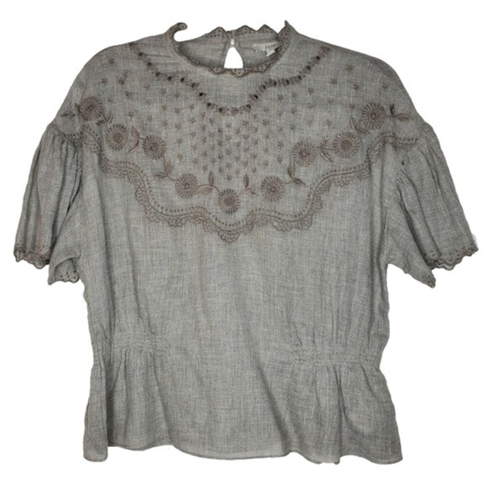Joie Grey Cropped Floral Embroidery Eyelet Trim Boho Tunic Size Medium